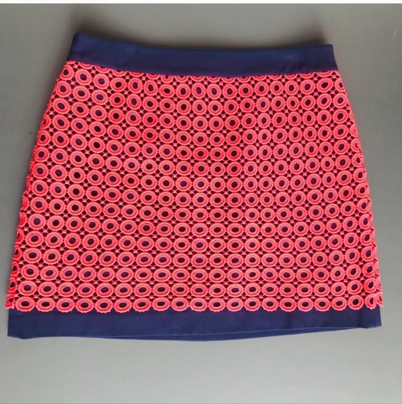 LOFT Mini Skirt Size 10 Blue Pink Brocade Lace Overlay Pencil Zip Back - Picture 1 of 4